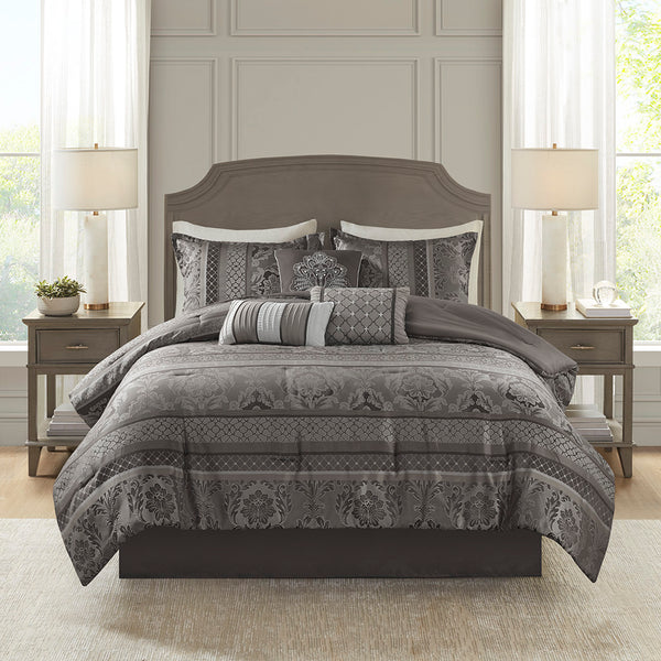 JLA Home Madison Park - 7 Jacquard Comforter Set with Luxe Textured Weave, Leaf and Ironwork Motifs, 7-Piece Tailored Ensemble 90 L x 90 W x 1.5H MP10-4882