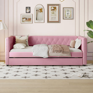 English Elm Twin Size Tufted Upholstered Daybed With Trundle, Velvet Sofabed With Rivet Design, No Box-Spring Needed,Pink