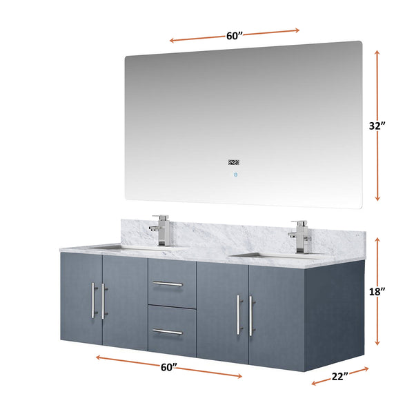 English Elm Dark Grey Double Bath Vanity Set With Carrara Marble Top, Chrome Faucet & 60" Led Mirror - Luxurious Style B2731S00987