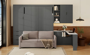 English Elm Queen Murphy Wall Bed Hydraulic Lift Velvet Sofa Built-in Shelves Led Studio Unit Dark Gray LP000392AAE