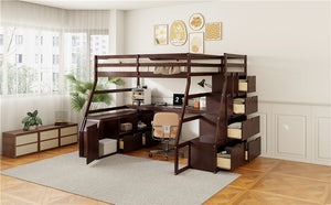English Elm Full Size Kids Loft Bed with Integrated Desk Seven Drawers and Open Shelving Espresso LT000649AAP-1