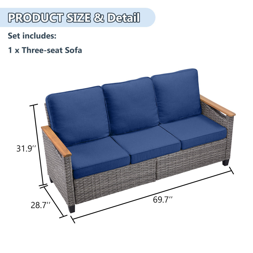 English Elm 73.2" Outdoor Handwoven Rattan 3 Seat Sofa with Olefin Cushions for Porch or Patio Blue T3773P418280