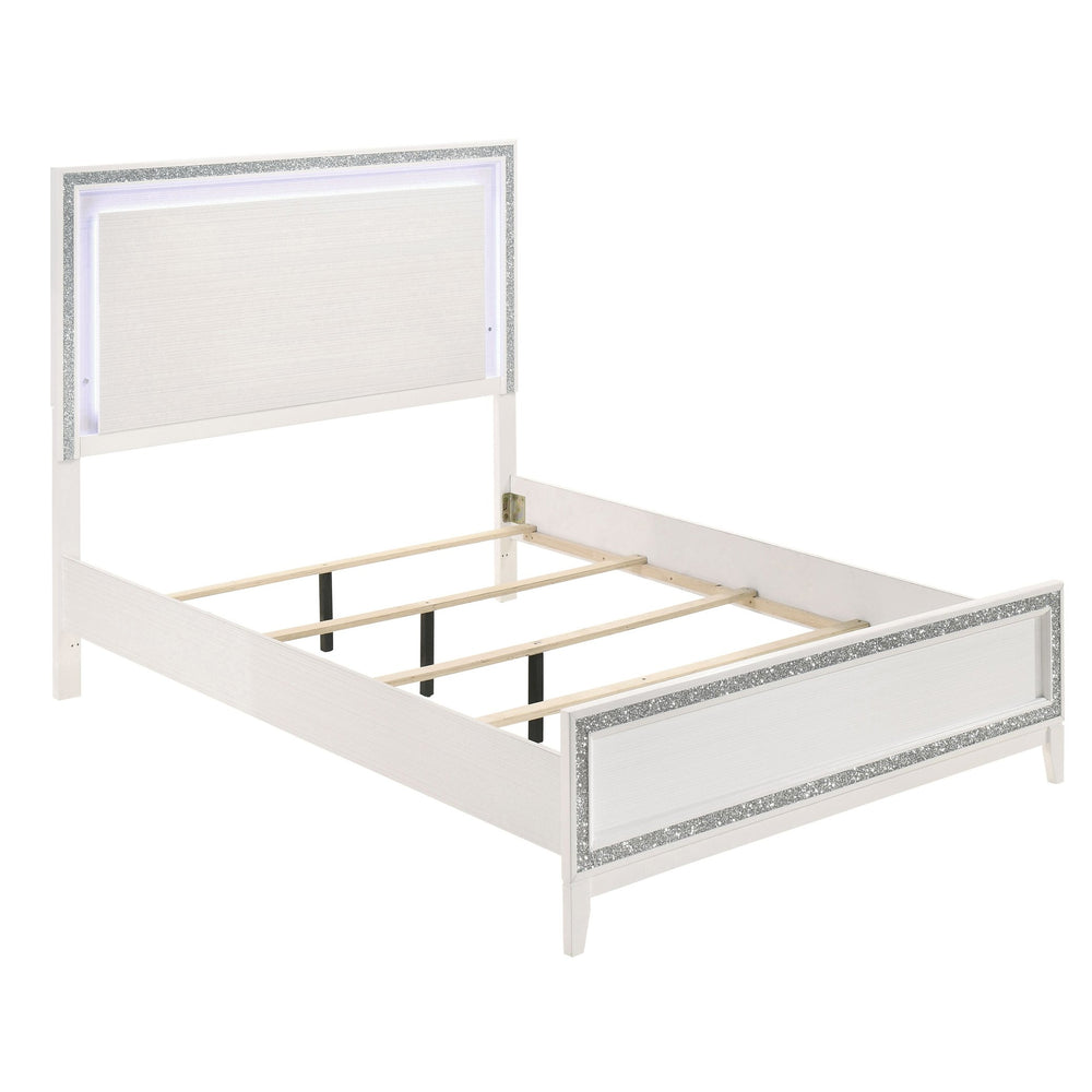 English Elm White Queen Bed LED Headboard with Silver Trim, Low-Profile Footboard, Stable Slat Support B062S00485