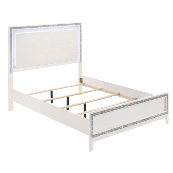 English Elm White Queen Bed LED Headboard with Silver Trim, Low-Profile Footboard, Stable Slat Support B062S00485