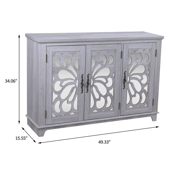 English Elm 49.33" Mirrored Lattice Buffet Cabinet with Adjustable Shelves Vintage Wood Grain Sideboard Light Gray W2899P372742