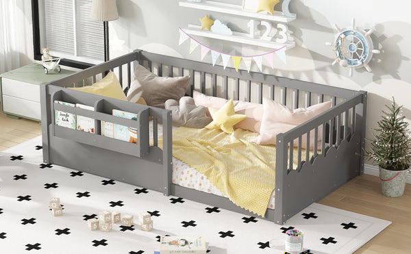 English Elm Twin Low Profile Kids Floor Bed Pine Wood Frame with Safety Rail and Built in Bookshelf Gray W1580P373135