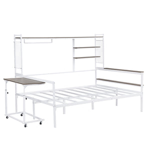 English Elm Full Size Metal Daybed With Movable Desk, Shelves & Clothes Hanger - Space-Saving Industrial Design N737P199321K