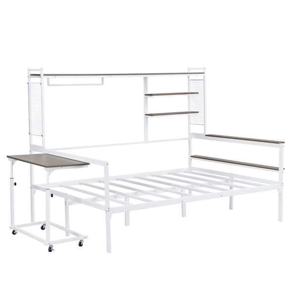 English Elm Full Size Metal Daybed With Movable Desk, Shelves & Clothes Hanger - Space-Saving Industrial Design N737P199321K
