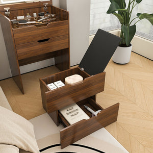 English Elm 3-in-1 Walnut Vanity Desk with Led Lighted Flip Mirror Stool Compact Bedroom Station W2699P404629