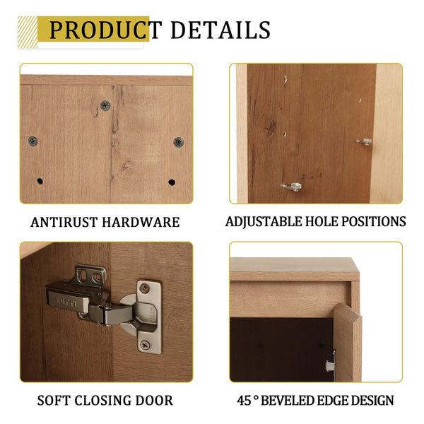 English Elm 12" Slim Freestanding Cabinet Oak Finish Soft Close Door Adjustable Shelves Bathroom W999P406013