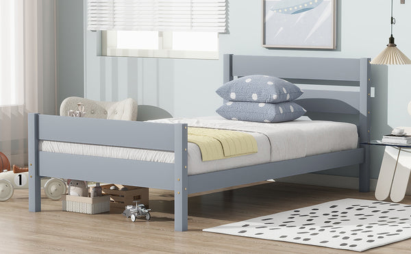 English Elm Twin Minimalist Rubberwood Bed with Headboard & Footboard, Grey Storage Twin Frame, 250lb Capacity W504P284274