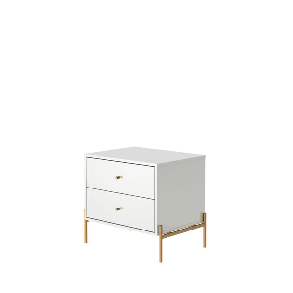 English Elm Jasper 25" Nightstand with Two Full-Extension Drawers, Gold Accents & Sleek Brushed Steel Legs White B365P398533