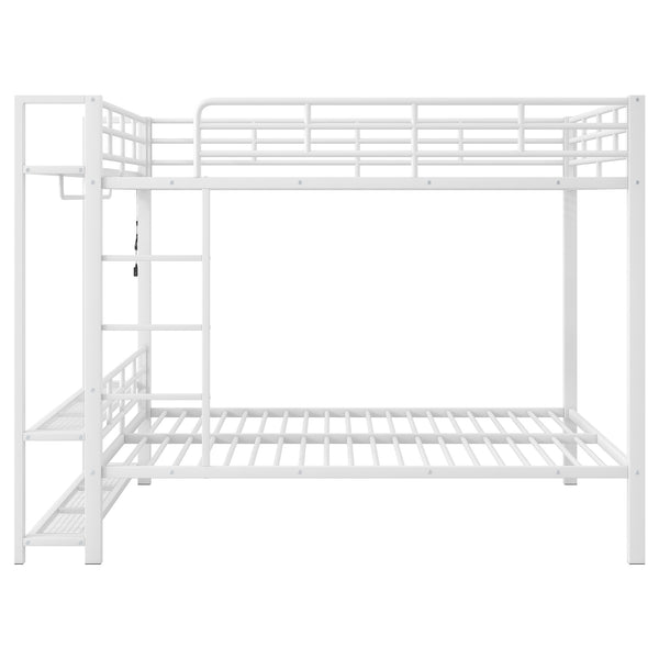 English Elm Full Size Metal Bunk Bed With Led Lights, Storage Shelves & Hooks - Stylish Space-Saver In White N7090000667K