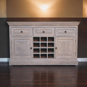 English Elm Acid Mango Wood Wine Storage Unit with 12 Bottle Slots, 3 Drawers & 2 Cabinets, Sustainable Brown Finish B182P284344