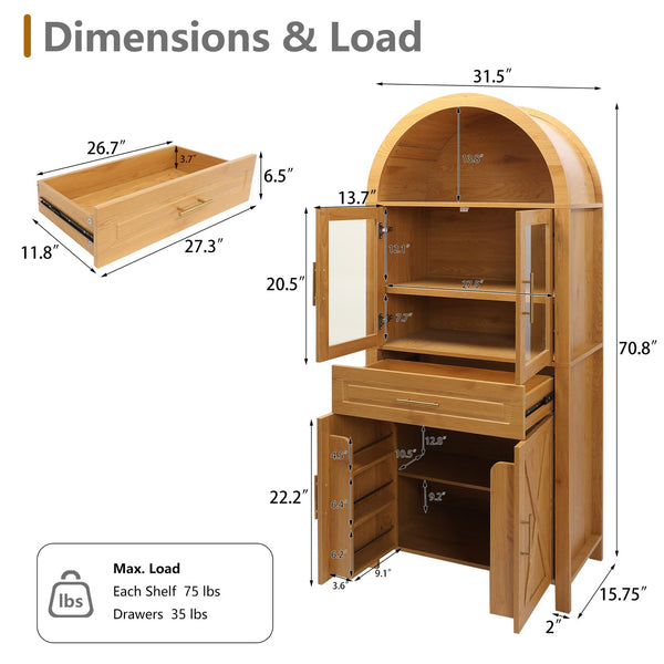 English Elm 71" Arched Glass Barn Door Pantry Cabinet Farmhouse Mdf Storage for Kitchen Dining Oak W2917S00017