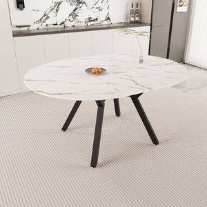 English Elm 47-63 Extendable White Round Dining Table for 4-6, MDF Top & Black Metal Legs, Modern Space-Saving Design W3732S00001