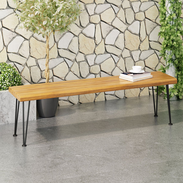 English Elm Christopher Knight Home® - ZION Acacia Wood & Metal Rectangular Bench 66" Rustic Faux Live Edge Top with Hairpin Legs, Industrial Comfort 69418.00