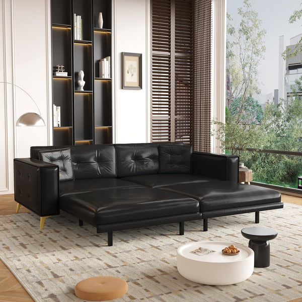 English Elm 92.1"king Faux Leather Convertible Sleeper Sofa Tufted 4 Seat Pull Out Living Room Couch Black W1885S00407