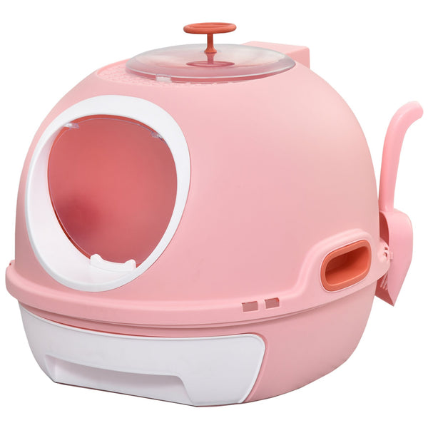 English Elm PawHut Space Capsule Covered Cat Litter Box with Removable Tray, Front Door Access & Odor Control Pink W2225P229457