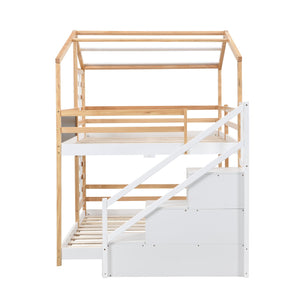 English Elm Twin Over Solid Pine House Bunk Bed with Blackboard Storage Staircase W495S00013