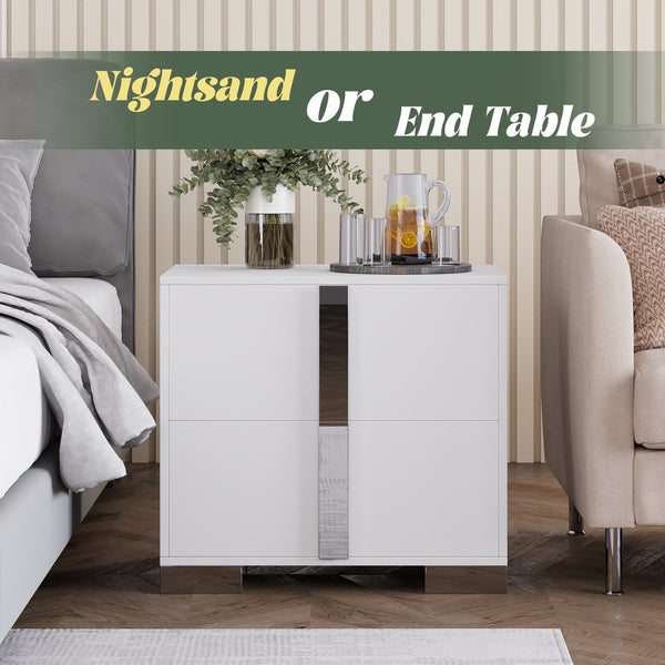 English Elm Modern Two Drawer Nightstand with Slim Metal Legs and Mirrored Bar Handles for Bedroom White W5271P416538