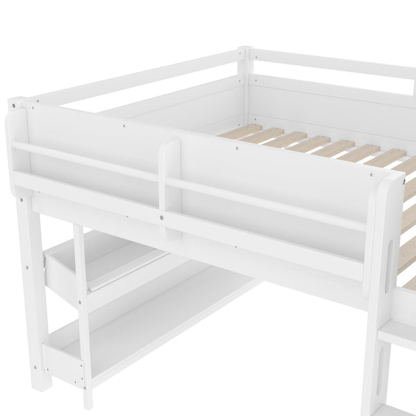 English Elm Twin Low Loft Bed Solid Pine Frame Kids Study Desk Blackboard Storage White Light White W1580S00299