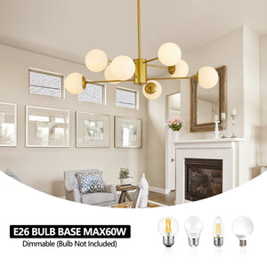 English Elm 35" Gold 8-Light Chandelier with White Globe Shades, Mid-Century Branching Design for Dining Room W1340P211849