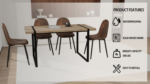 English Elm 59" Modern Farmhouse Dining Table Set With 4 Suede Chairs - Light Wood & Black Metal Base Design W2189S00627