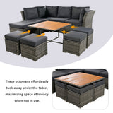 English Elm Patio Furniture Set, 10 Piece Outdoor Conversation Set, Coffeetable With Ottomans, Solid Wood Coffee Table