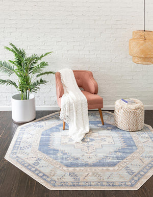 Unique Loom Whitney Geneva Machine Made Border Rug Sky blue, Ivory/Light Blue/Gold/Gray/Pink 7' 1" x 7' 1"