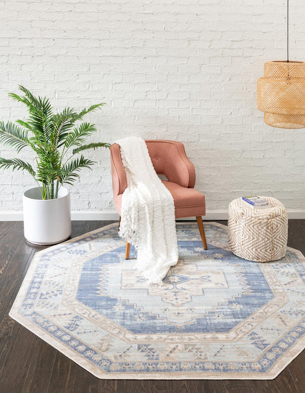 Unique Loom Whitney Geneva Machine Made Border Rug Sky blue, Ivory/Light Blue/Gold/Gray/Pink 7' 1" x 7' 1"