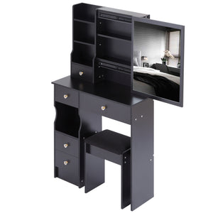 English Elm 29.2" Compact Vanity Table Set With Cushioned Stool & Sliding Mirror - Stylish Storage For Small Spaces W936P202257