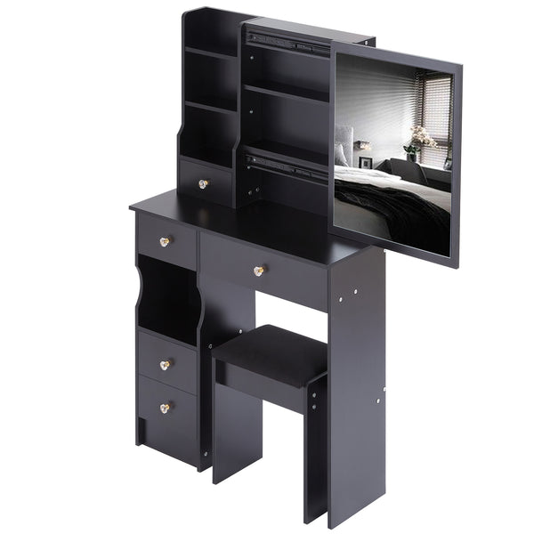 English Elm 29.2" Compact Vanity Table Set With Cushioned Stool & Sliding Mirror - Stylish Storage For Small Spaces W936P202257