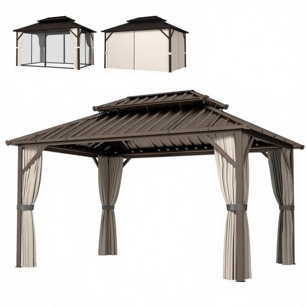 English Elm 164.5" Outdoor Gazebo Steel Dome Roof Aluminum Frame with Privacy Curtains Ceiling Hooks T3971S00221