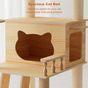 English Elm 59" Modern Wood Cat Tower with Sisal Posts Acrylic Hammock and Elevated Perch W3101P383595