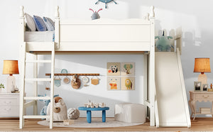 English Elm Twin Loft Bed Solid Pine Frame with Wardrobe Shelving Detachable Slide Kids Room Beige W5305S00023