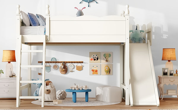 English Elm Twin Loft Bed Solid Pine Frame with Wardrobe Shelving Detachable Slide Kids Room Beige W5305S00023
