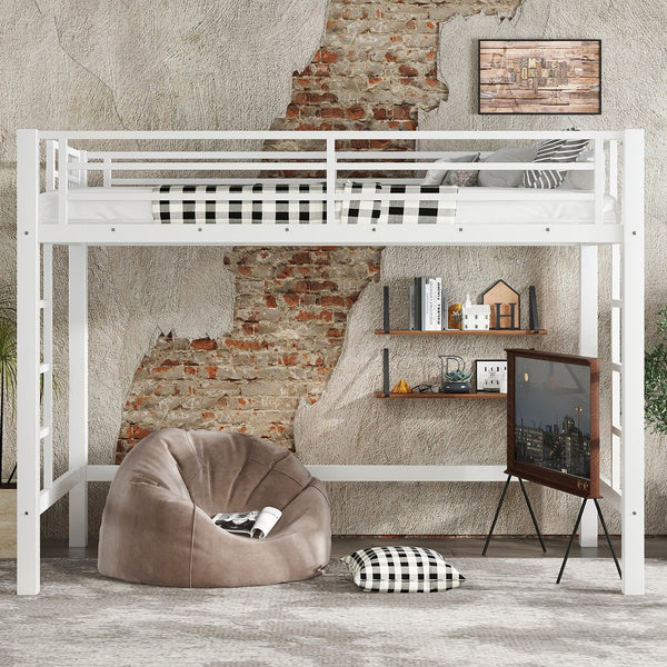 English Elm Twin Xl White Iron Loft Bed with Guardrails and Ladder for Dorm or Teen Room W1580P435706