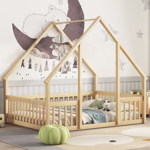 English Elm Full House-Shaped Floor Bed with Fence and Guardrails, Pine Wood Play Loft for Imaginative Kids Retreat Natural W504P143295
