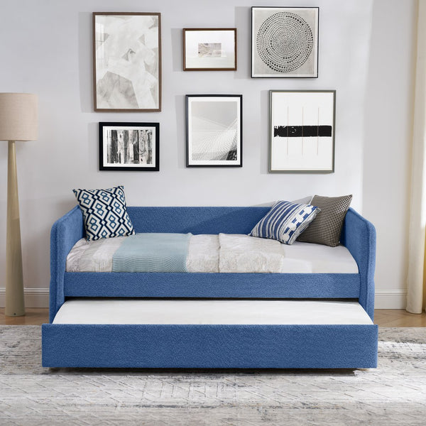 English Elm Daybed Boucle Upholstered Tufted Twin Trundle Sofa for Guest Bedroom Studio Lounge Blue W1413S00173