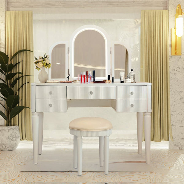 English Elm AGODY Mirrored Vanity with LED Light and Solid Rubber Wood Frame, Skin-Friendly PU Seat for Bedroom Antique White W2170P208420