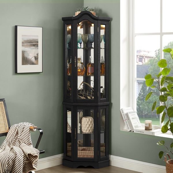 English Elm Lighted Corner Curio Cabinet With Adjustable Shelves & Integrated Lighting - Stylish Oak Display Solution W1758P300124