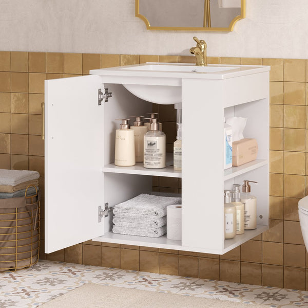 English Elm 20" Floating Bathroom Vanity with Ceramic Sink Soft Close Door and Open Side Shelf N710P332061K