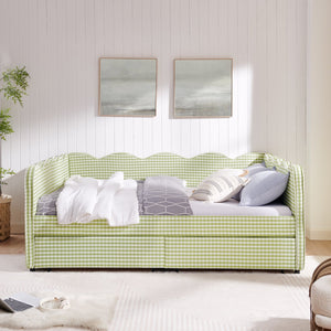 English Elm Queen Gingham Linen Daybed with Wave Backrest Two Storage Drawers and Usb Port Green W1413S00151