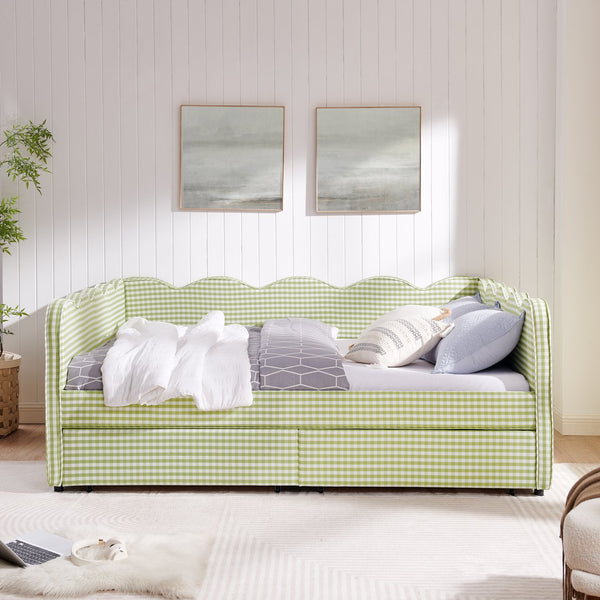 English Elm Queen Gingham Linen Daybed with Wave Backrest Two Storage Drawers and Usb Port Green W1413S00151