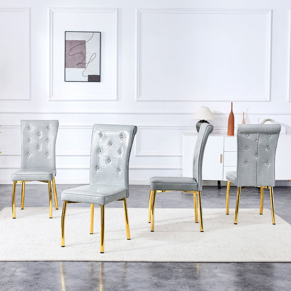 English Elm A Set of 2 Crystal Button Faux Leather Dining Chairs with Embossed Croc Texture Gold,Gray W3226P344058