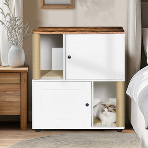 English Elm Double Cat Litter Enclosure Cabinet for Two Cats with Scratching Post, Dual Tray Storage, White Vintage W1687P221394