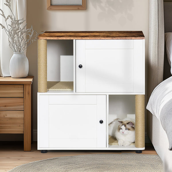 English Elm Double Cat Litter Enclosure Cabinet for Two Cats with Scratching Post, Dual Tray Storage, White Vintage W1687P221394