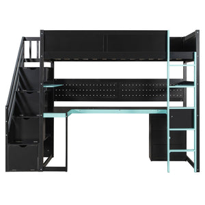 English Elm Full Size Gaming Loft Bed with Led Lighting Desk Shelves and Usb Charging Ports N820S00070C