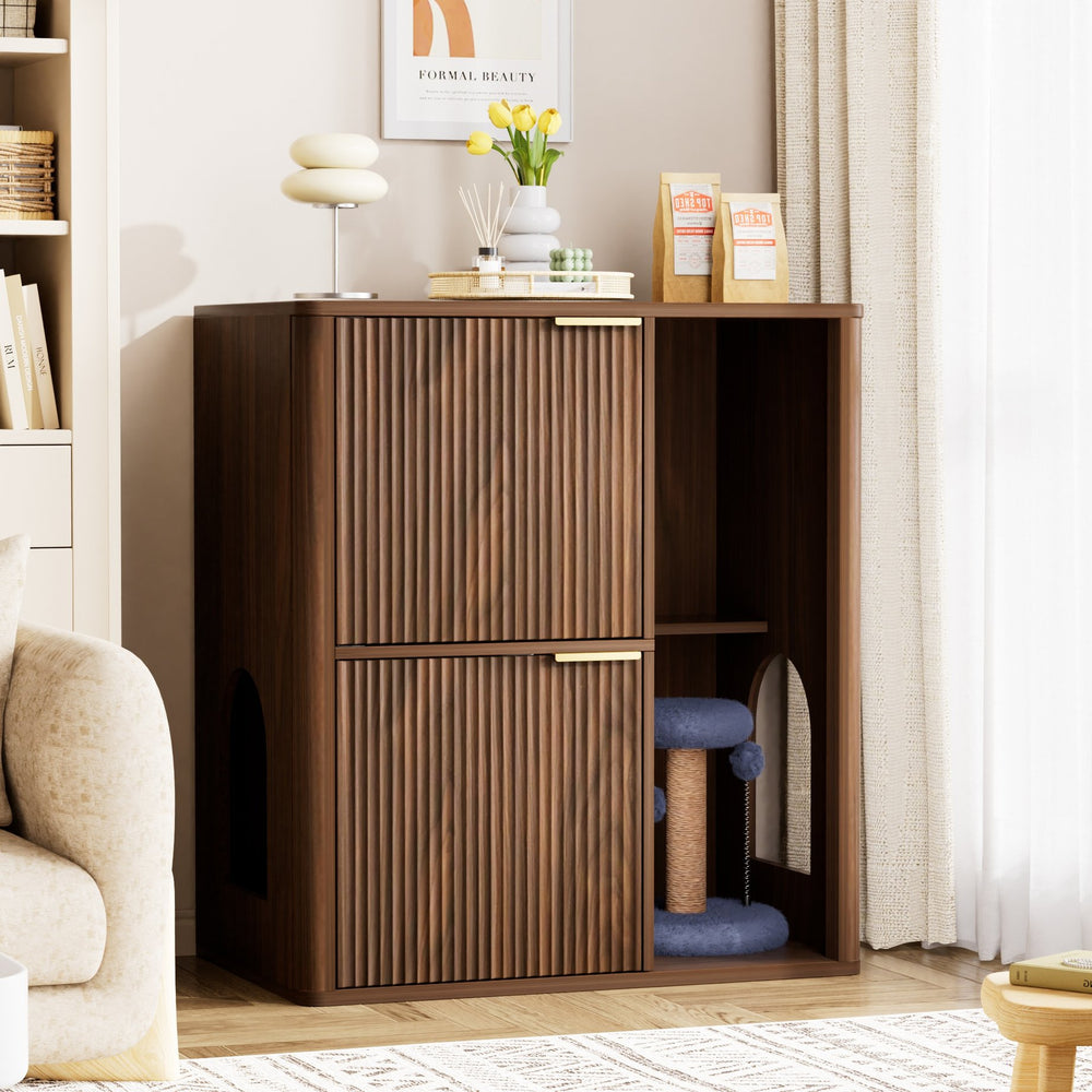 English Elm 31.5-inch Grooved Wood Cat Litter Cabinet with Integrated Tree Mid-century Pet Furniture Walnut W1162P407684